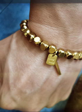 纯黄铜手链男神奈川金色复古显白百搭纯铜方珠精致轻奢日式手串