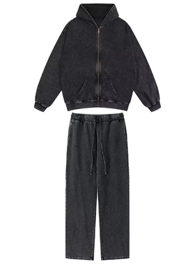 VB做旧水洗套装帽衫长裤拉链连帽卫衣男士宽松休闲春秋款潮流外套