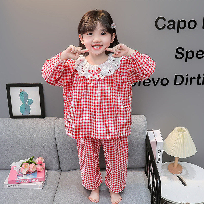 女童纯棉格子睡衣套装2026新款花边儿童家居服女宝宝保暖长袖开衫