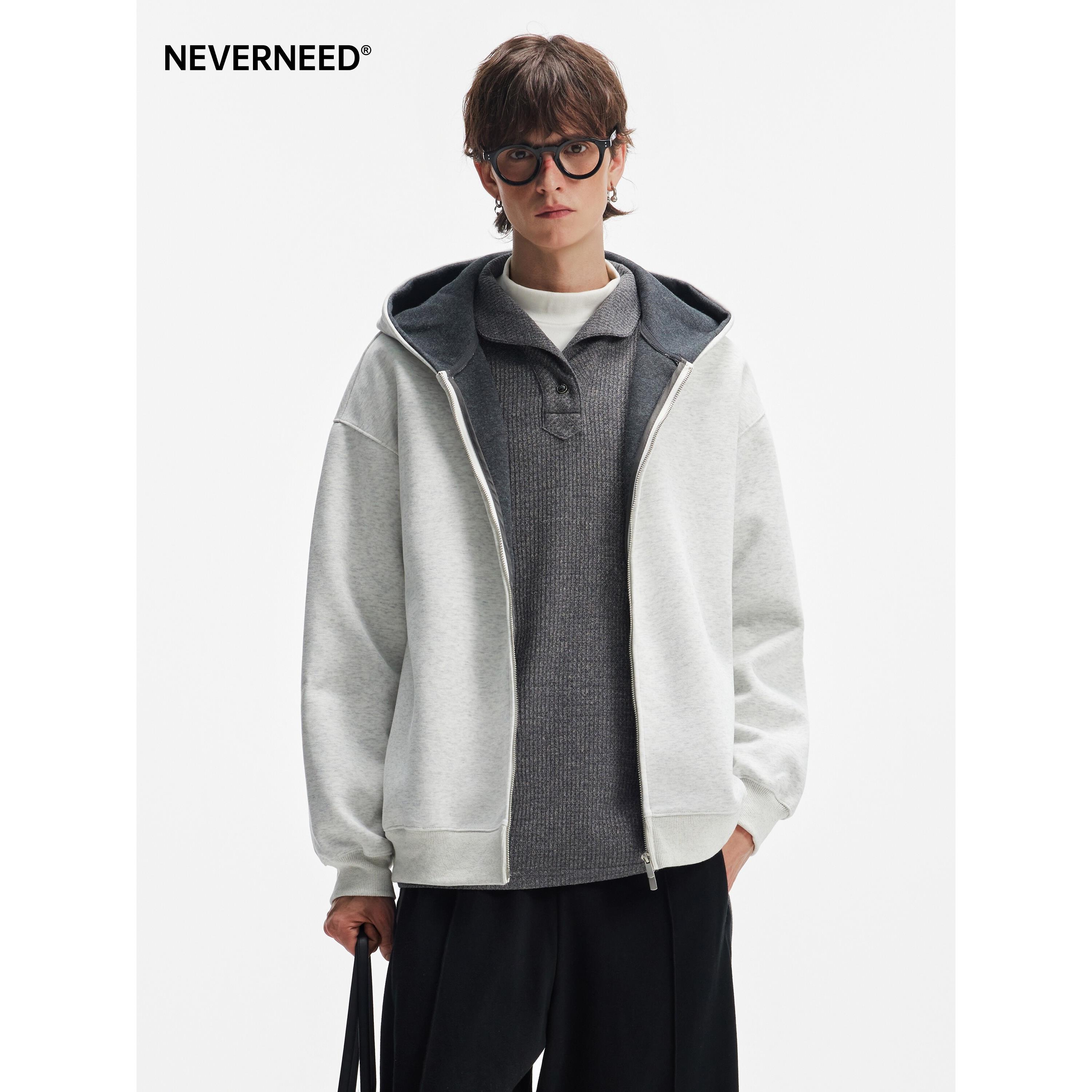 NEVERNEED重磅撞色连帽卫衣男女秋季美式潮牌双拉炼宽松开衫外套图片