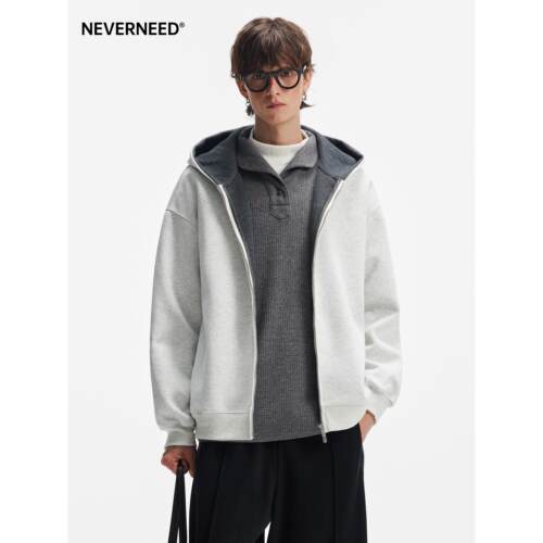 NEVERNEED重磅撞色连帽卫衣男女秋季美式潮牌双拉炼宽松开衫外套