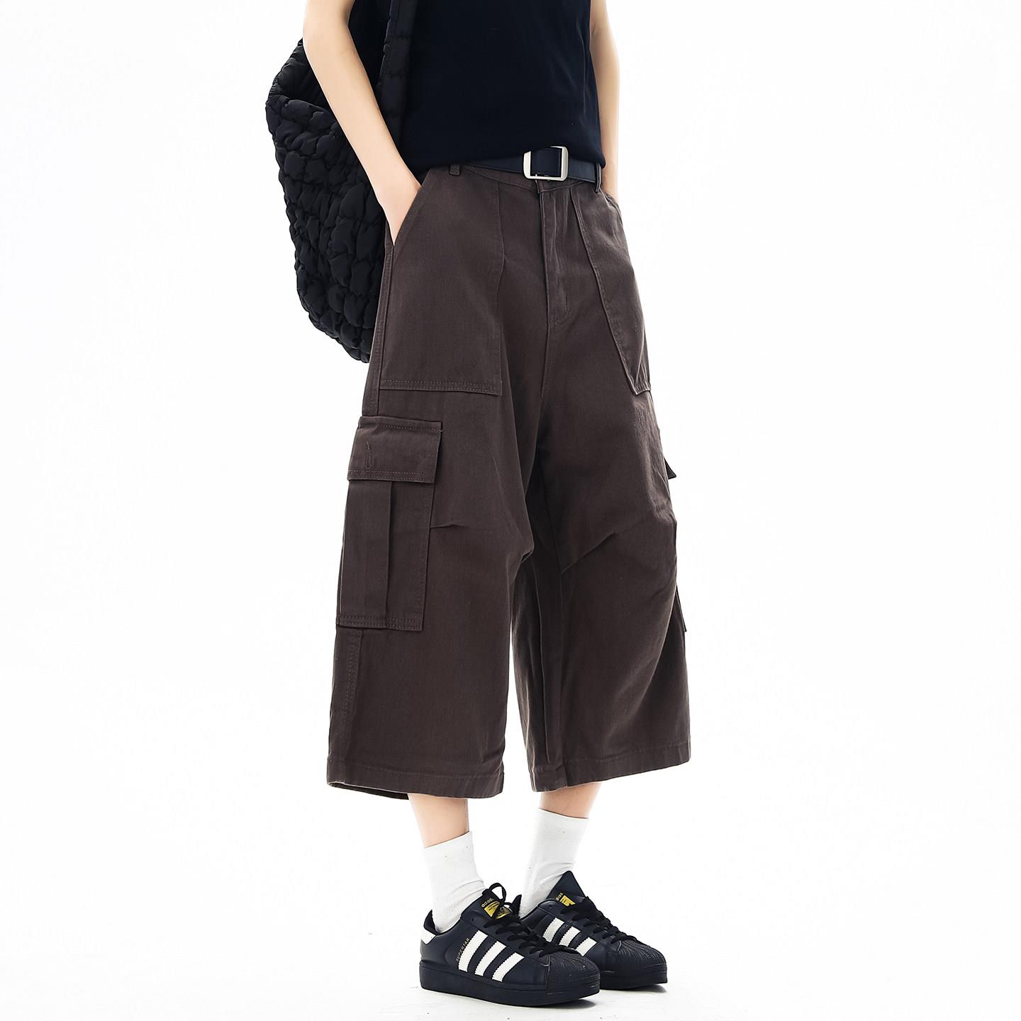 纯棉工装风多口袋阔腿裤男女夏季薄款2026新款宽松直筒休闲七分裤