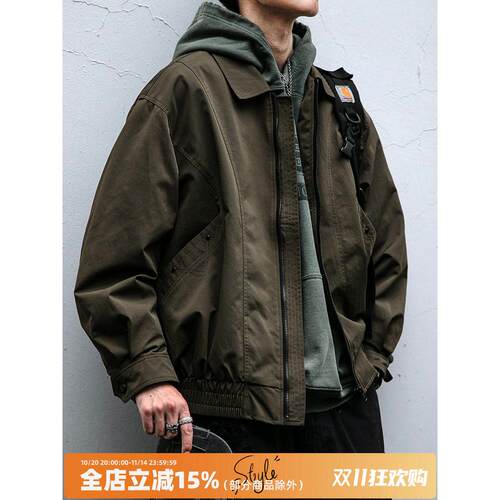 美式覆古解构设计翻领工装外套男春秋侧边大口袋宽松百搭休闲夹克