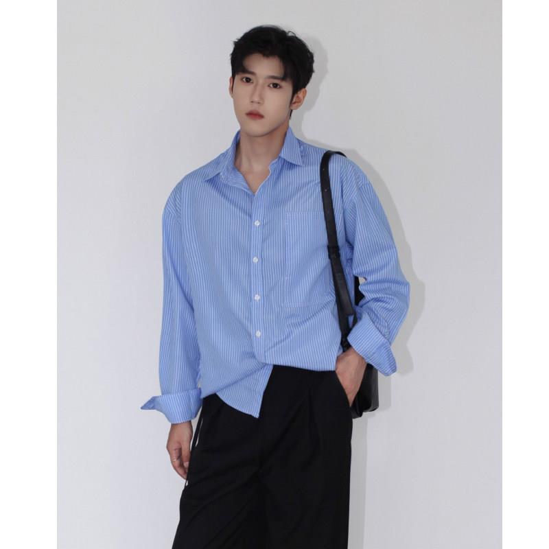 WANGYINXUE简约韩风ins百搭cleanfit宽松口袋条纹休闲长袖衬衫男