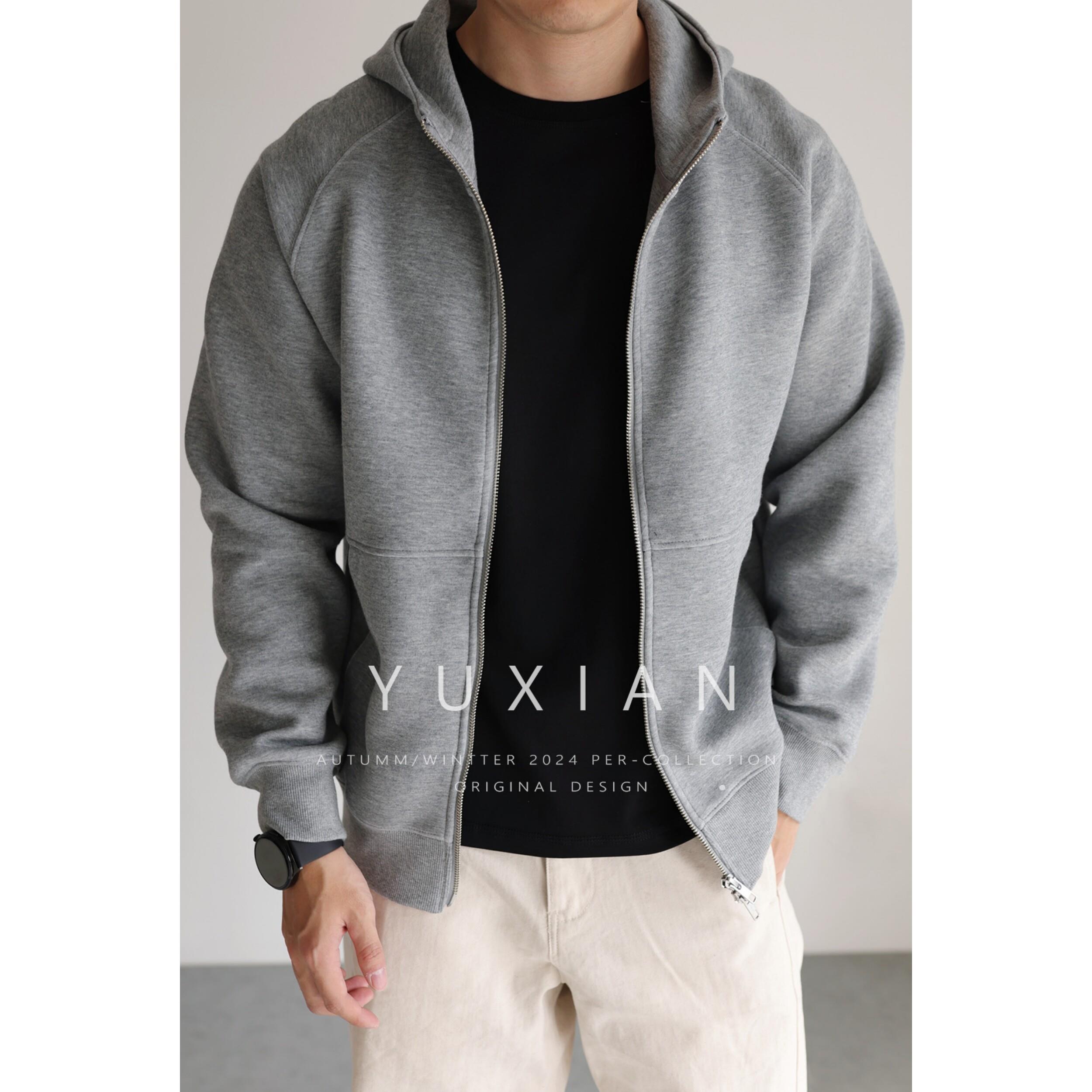 YUXIAN长绒棉空气感连帽拉链卫衣长袖抗皱运动外套休闲商务男