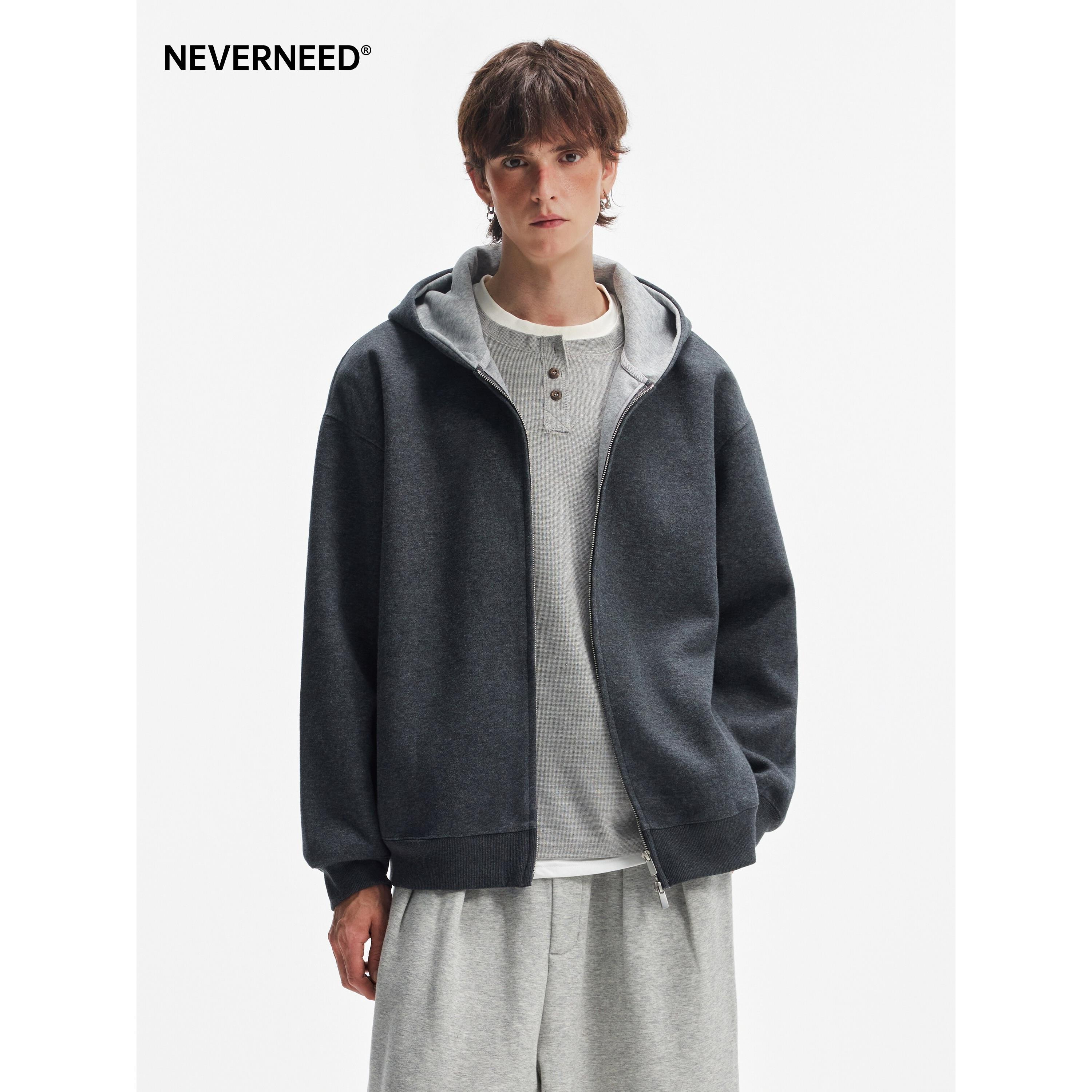 NEVERNEED美式cleanfit连帽卫衣男女boxy短款双拉炼撞色开衫外套图片