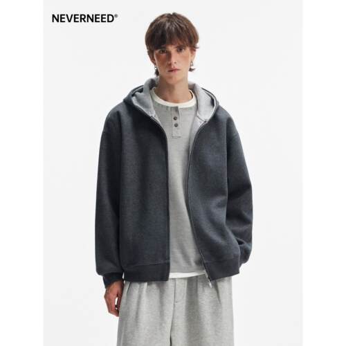 NEVERNEED美式cleanfit连帽卫衣男女boxy短款双拉炼撞色开衫外套