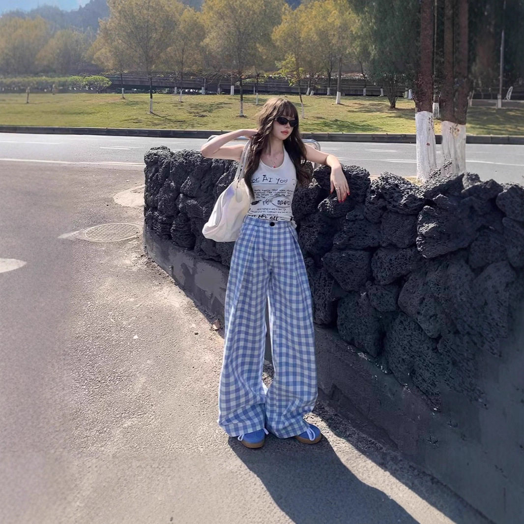 韩版蓝色格子裤子女2025夏季新款高腰显瘦宽松慵懒风直筒休闲裤