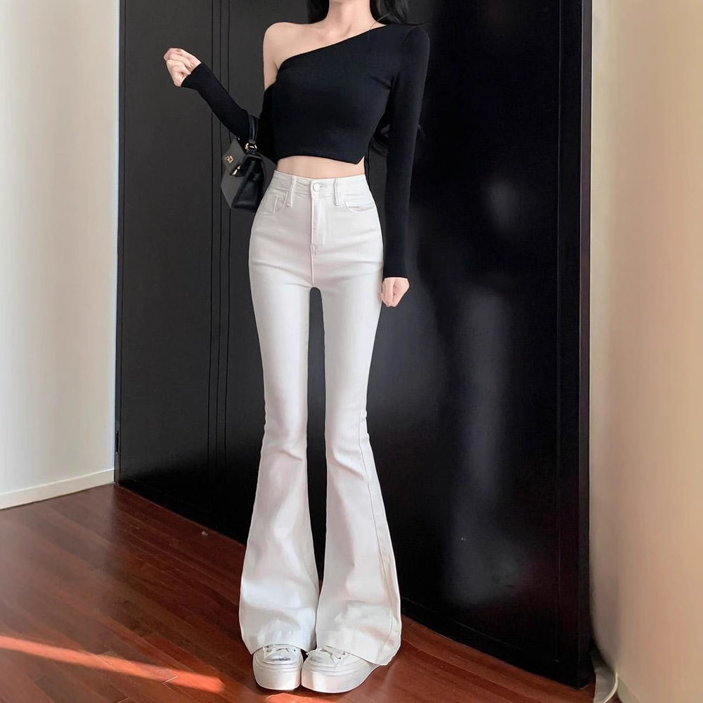 白色高腰牛仔裤女2025春季新款弹力修身显瘦微喇直筒裤辣妹微喇裤