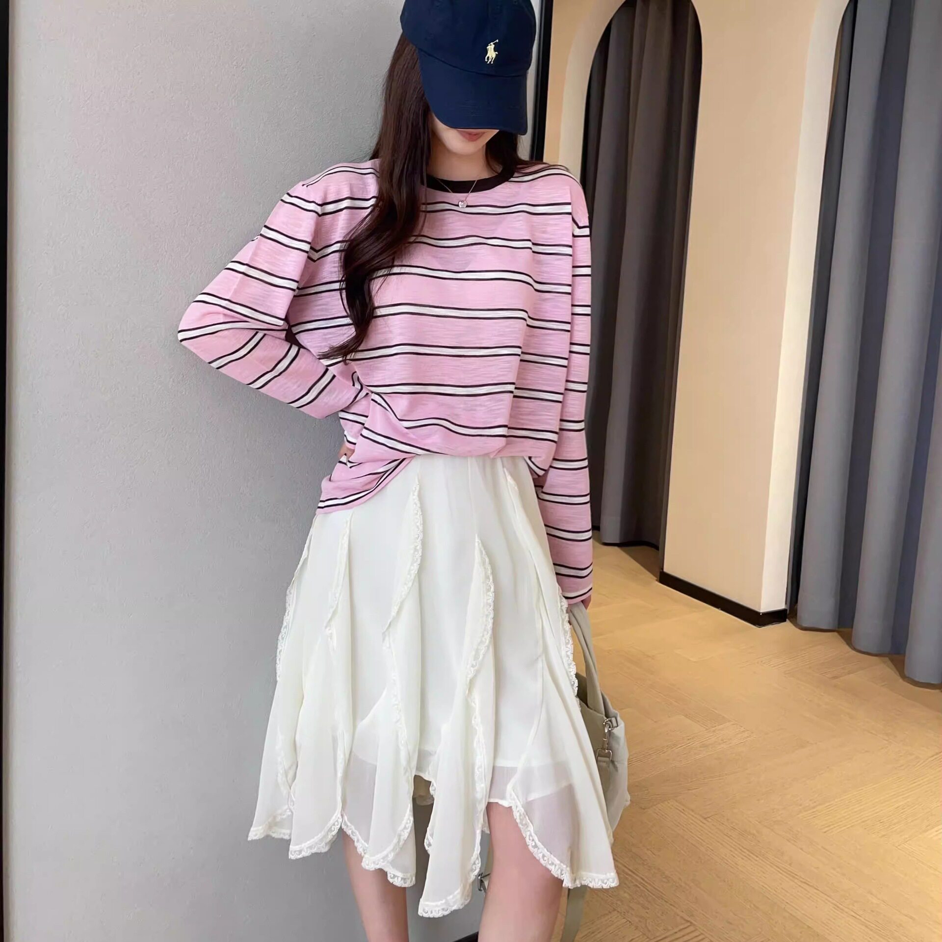 2026慵懒风显白减龄竹节麻清凉垂坠宽松显瘦条纹长袖T恤女春夏