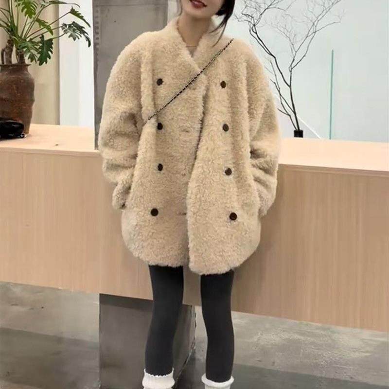 韩系双排扣毛毛绒外套女2025秋冬新款宽松中长款加厚皮毛一体大衣