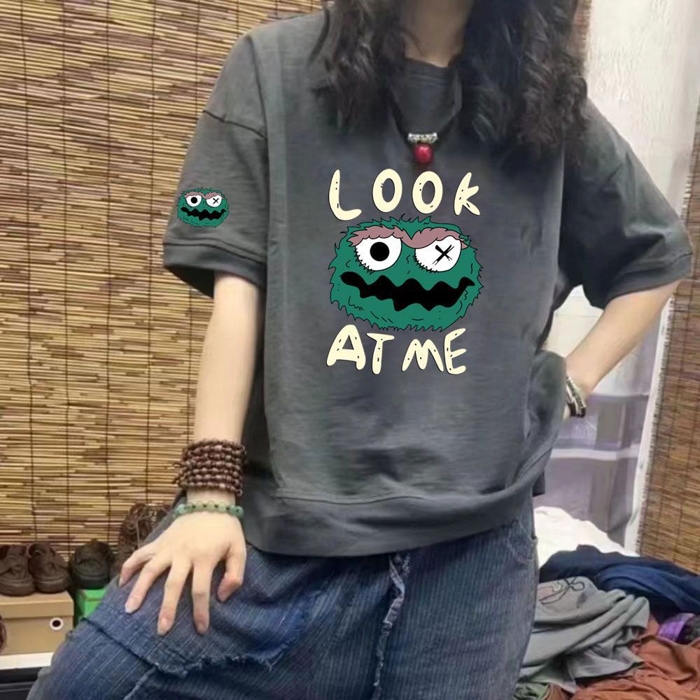 纯棉夏季圆领短袖新款卡通百搭宽松加大码女装胖mm300斤上衣t恤潮