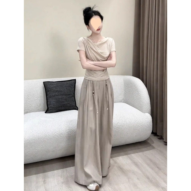 2026夏季新款女韩版时尚褶皱短袖上衣高腰显瘦阔腿裤休闲两件套装