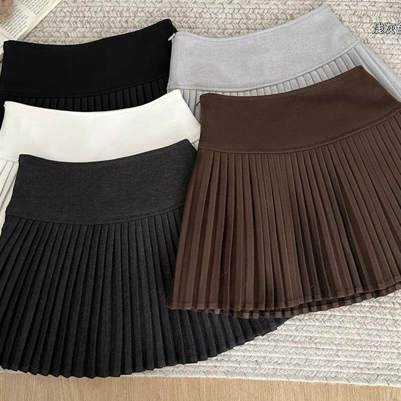 百褶毛呢半身裙女2025年秋冬新款小个子高腰显瘦A 字短裙杏色咖色