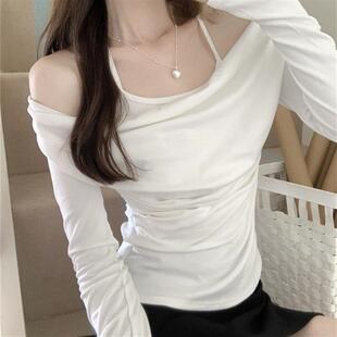 纯欲风性感一字肩褶皱修身长袖T恤女港味辣妹挂脖荡领假两件上衣
