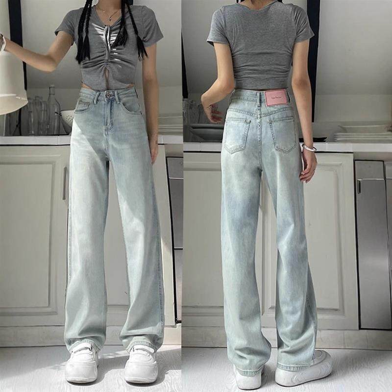 浅色直筒牛仔裤2025春秋季新款小个子显瘦高腰宽松窄版阔裤子