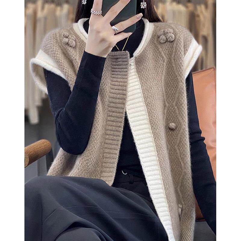 圆领拼色针织马甲女2025早秋新款叠穿无袖毛衣外搭坎肩开衫外套