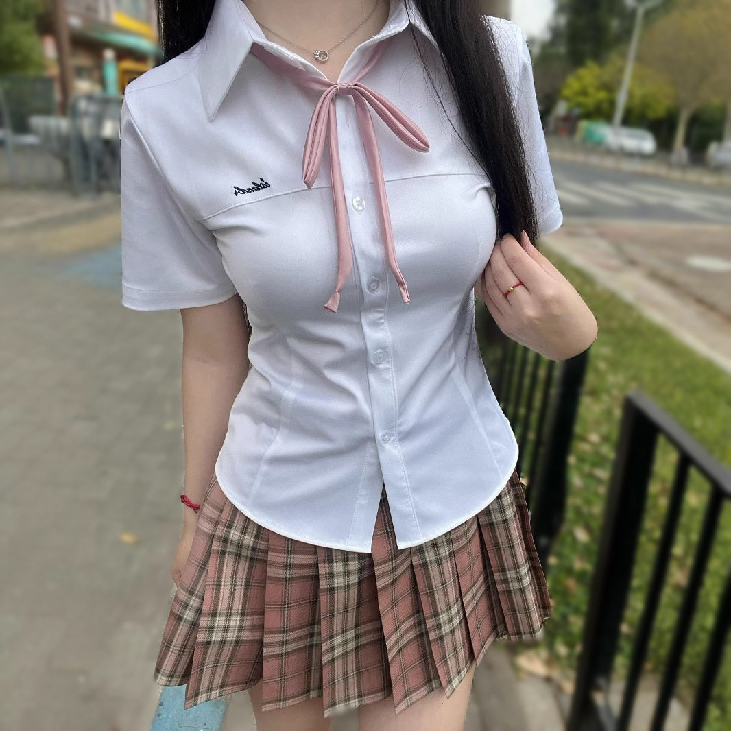 小岛原创新款刺绣jk收腰修身短袖衬衫白色百搭制服学院纯欲风衬衣