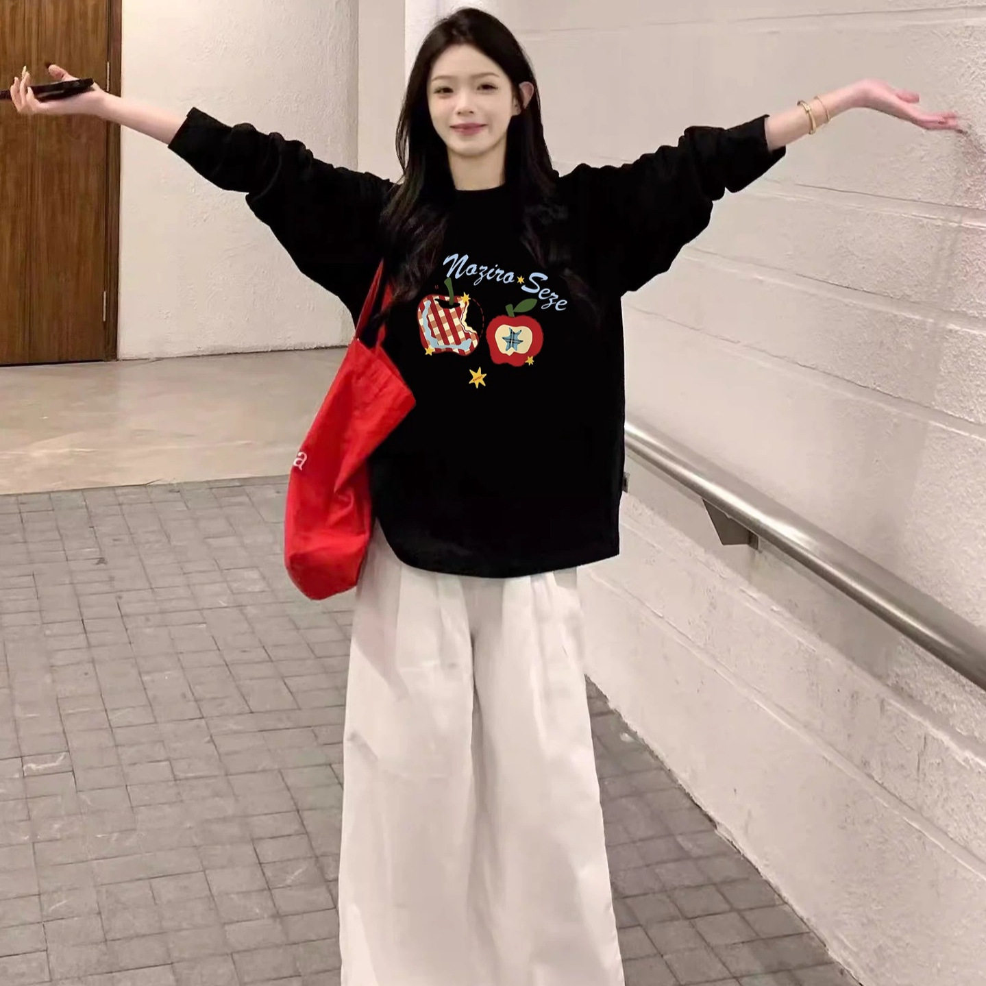 美式黑色纯棉长袖t恤女春秋新款设计感宽松显瘦慵懒风打底衫上衣