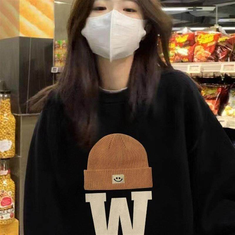 黑色帽子字母印花圆领卫衣女加绒秋冬款情侣套头上衣男款班服