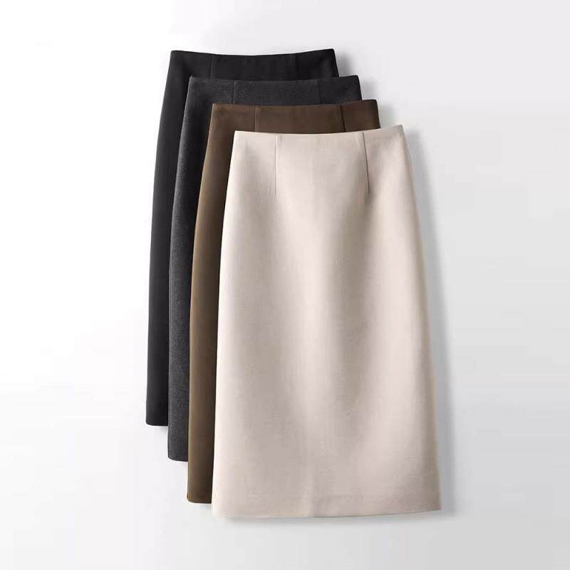 秋冬新款毛呢半身裙女中长款小个子a字高腰开叉包臀一步裙