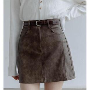 小个子高腰显瘦A字包臀裙短裙韩版纯色百搭PU半身裙秋冬女装新款