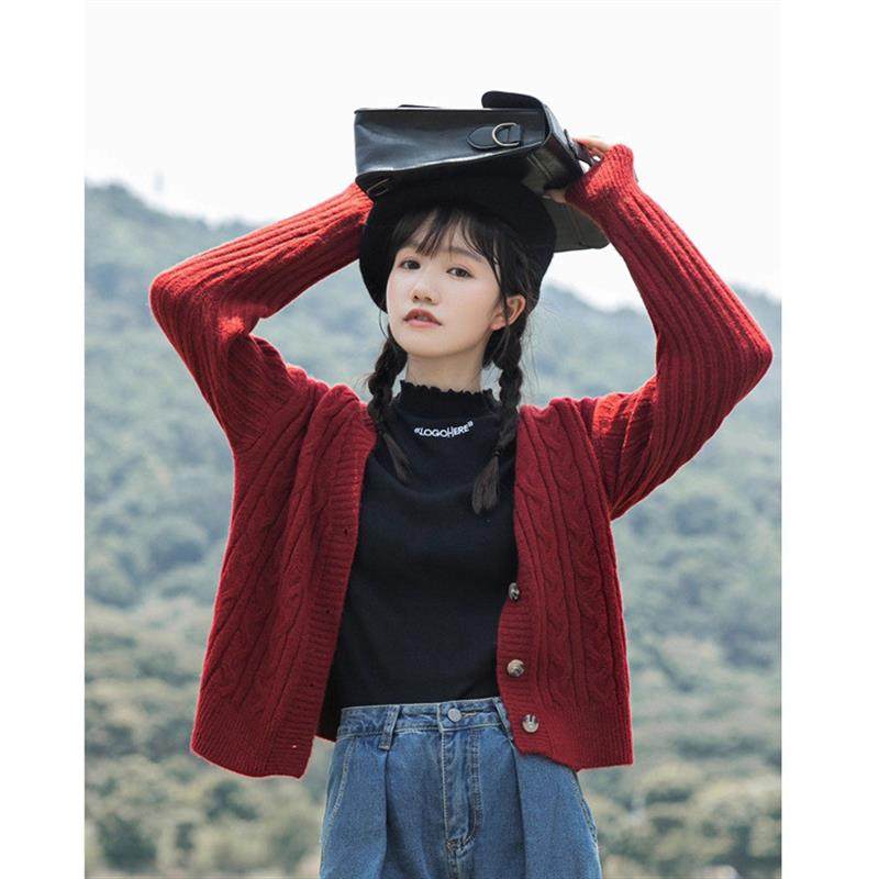 针织开衫女2025秋装新款V领长袖慵懒风宽松麻花毛衣外套短款上衣