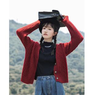 针织开衫女2025秋装新款V领长袖慵懒风宽松麻花毛衣外套短款上衣