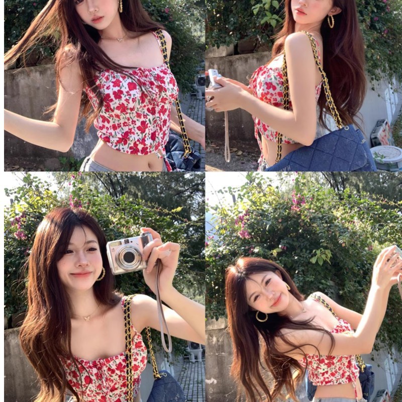 甜辣妹碎花吊带背心女夏季纯欲露背无袖系带内搭修身短款上衣外穿