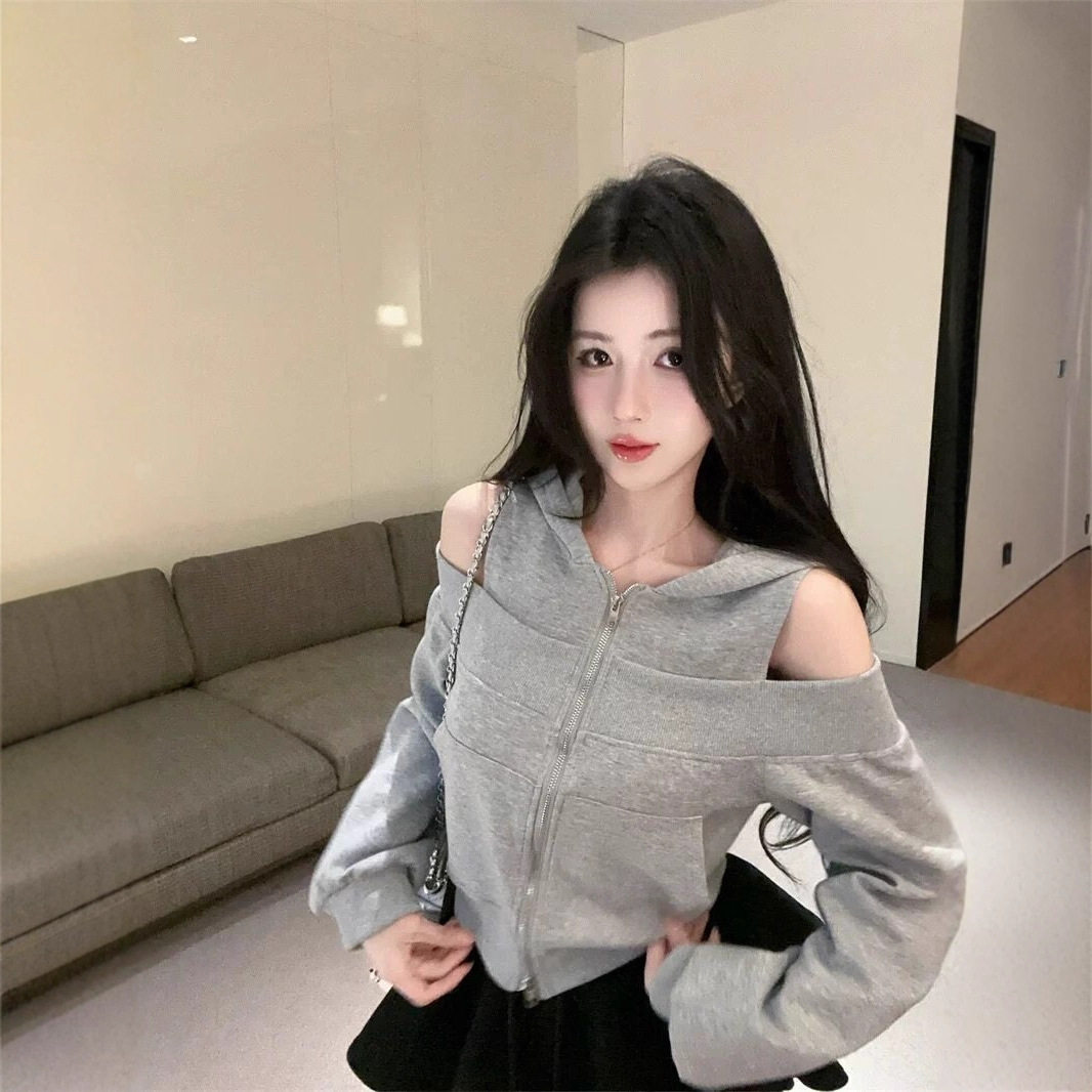 灰色连帽拉链卫衣外套女2025秋季新款美式辣妹露肩上衣巨好看chic