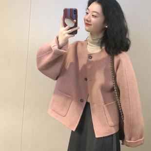 法式小香风短款紫色毛呢外套女秋冬冬季加厚小个子气质双面呢大衣