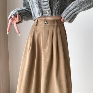 实拍灯芯绒中长款半身裙子秋冬季2025新款女高腰a字伞裙小个子裙