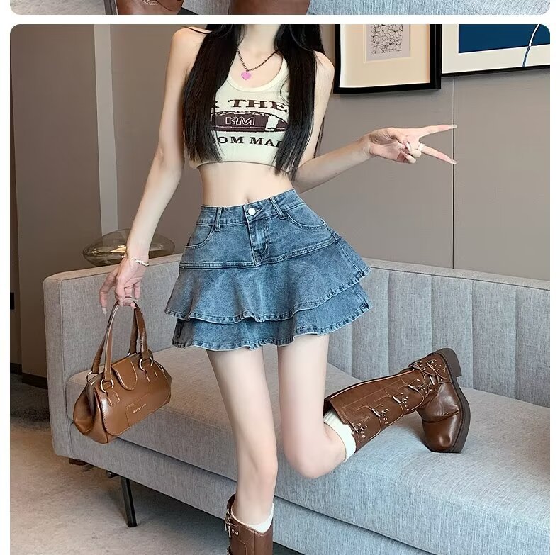 荷叶边牛仔短裙女夏高腰蛋糕裙显瘦包臀A字小个子辣妹超短鱼尾裙