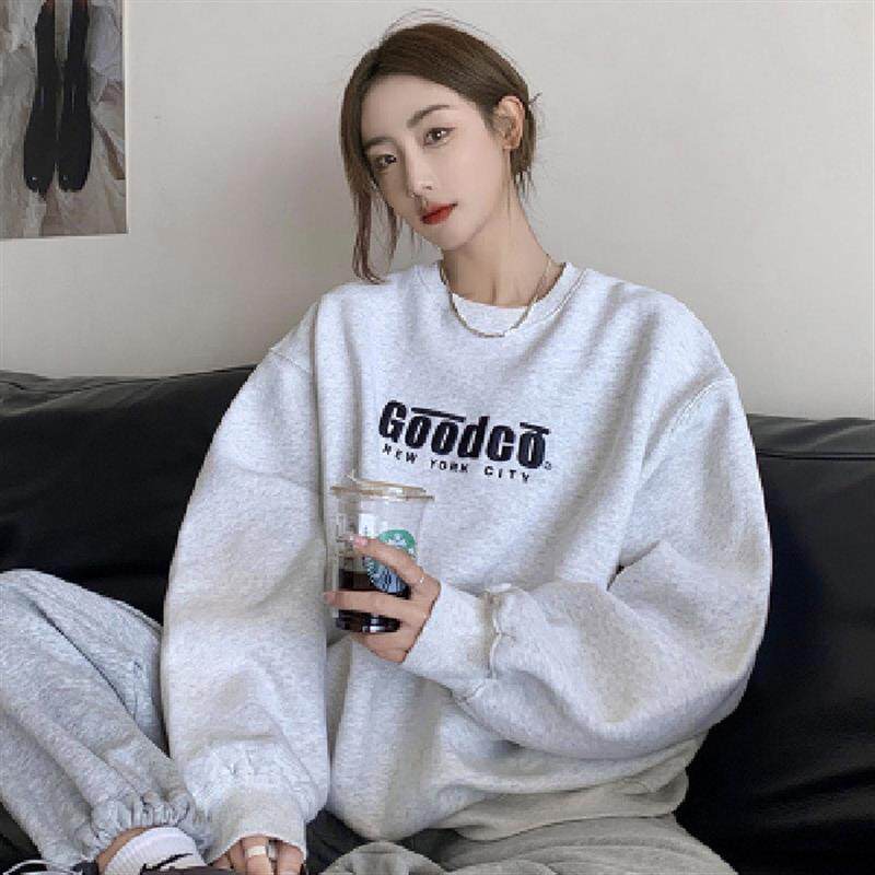 美式复古oversize圆领加绒卫衣女秋冬设计感小众个子慵懒港风上衣