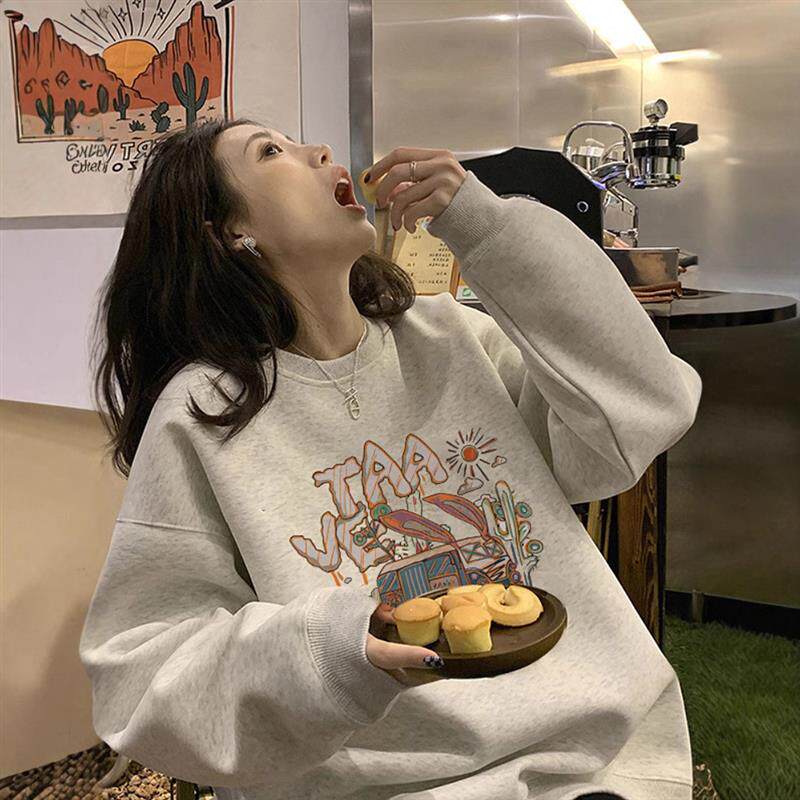 美式慵懒chic无帽卫衣女春秋薄款oversize宽松外套小个子圆领上衣