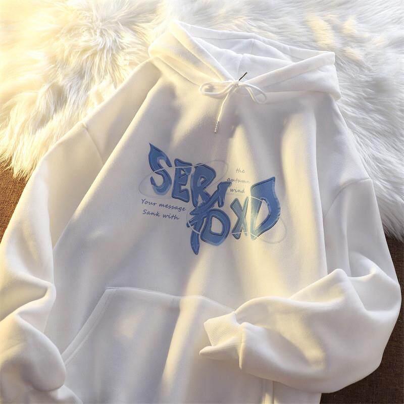 韩风chic加绒连帽卫衣女国潮秋冬季新款宽松盐系显白学生加厚外套