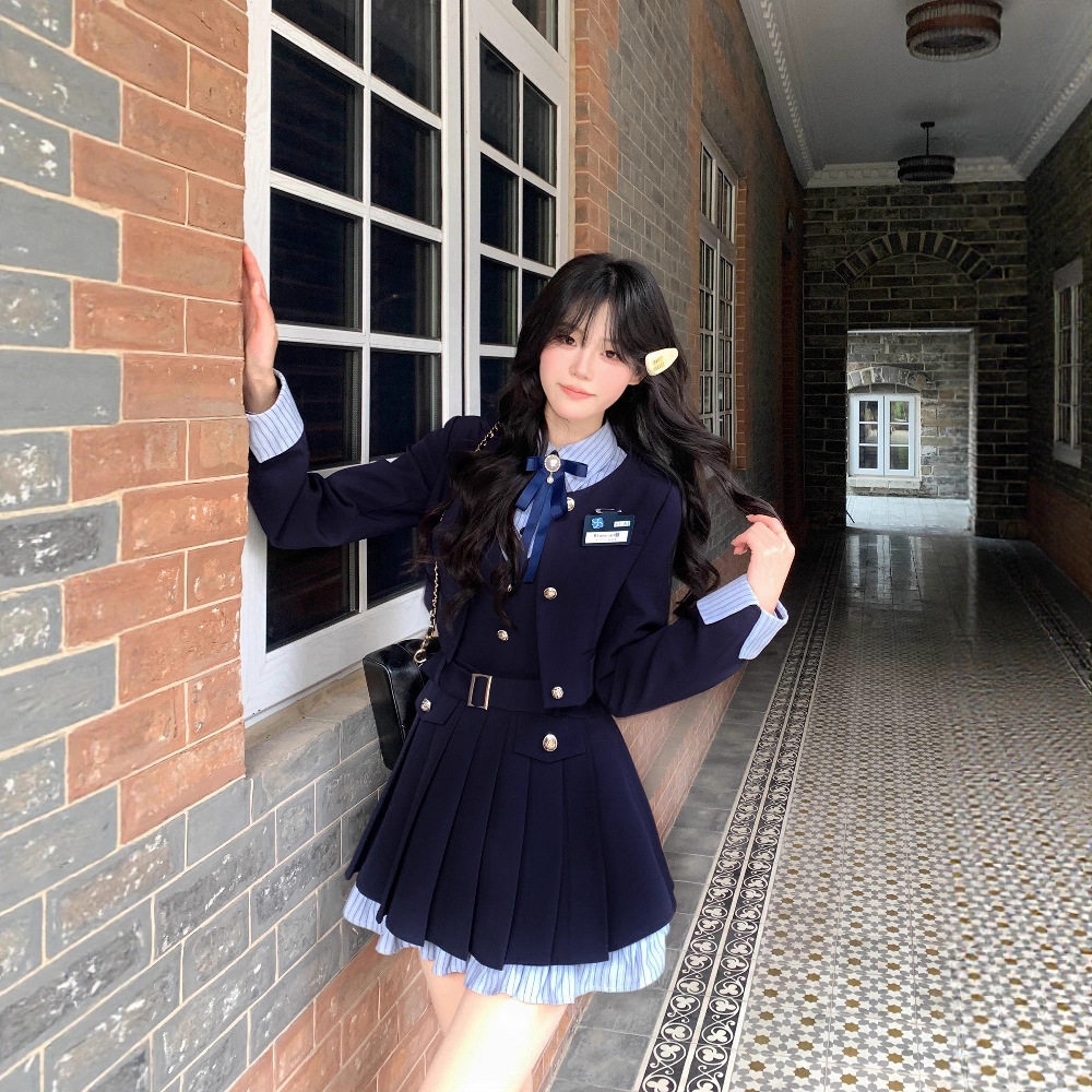 洛斯学院春秋日系甜美jk制服假两件百褶连衣裙西装外套学院风套装
