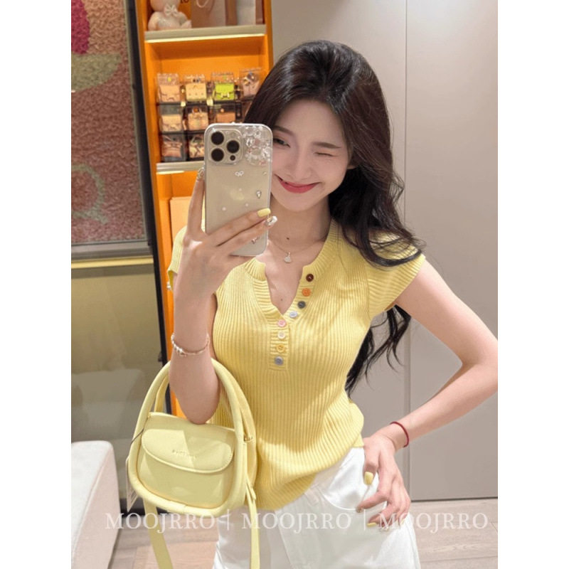 黄色V领短袖针织衫女夏季纯欲气质清纯系掐腰显瘦小个子短款上衣