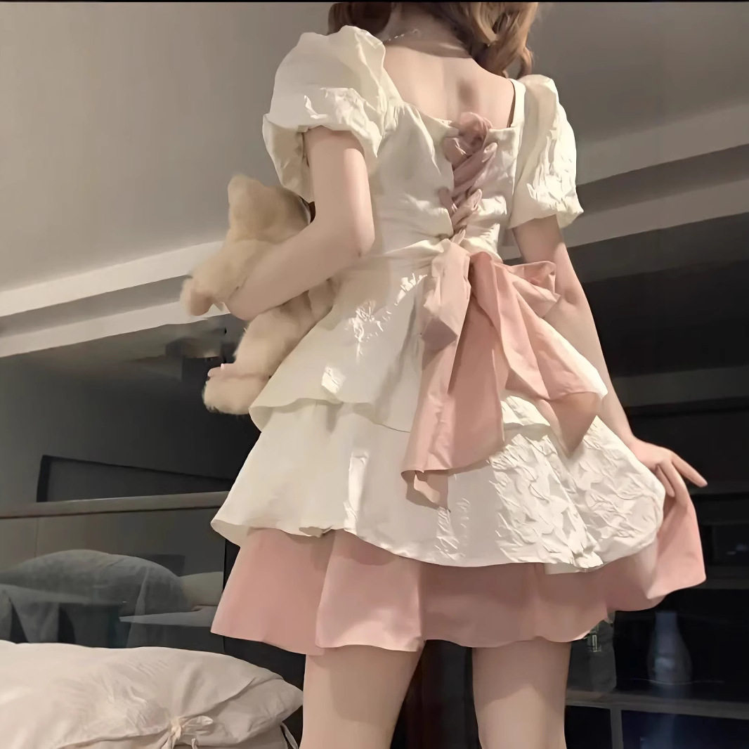 日系甜美软妹蝴蝶结蓬蓬连衣裙女学生韩版收腰显瘦超仙公主短裙