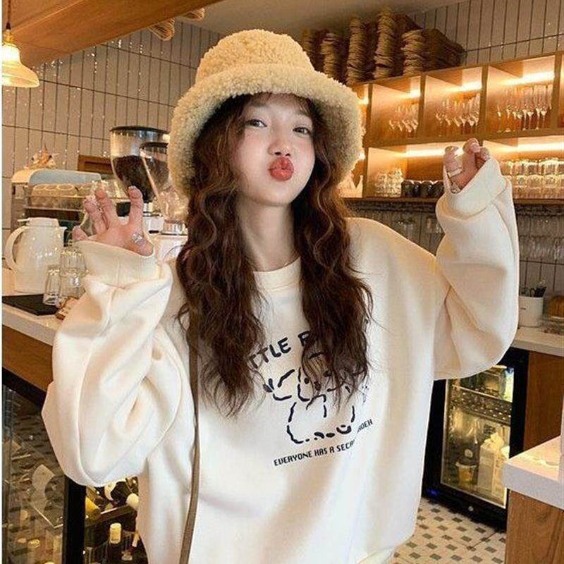 卡通小奶兔印花加绒圆领卫衣女宽松百搭慵懒风上衣潮