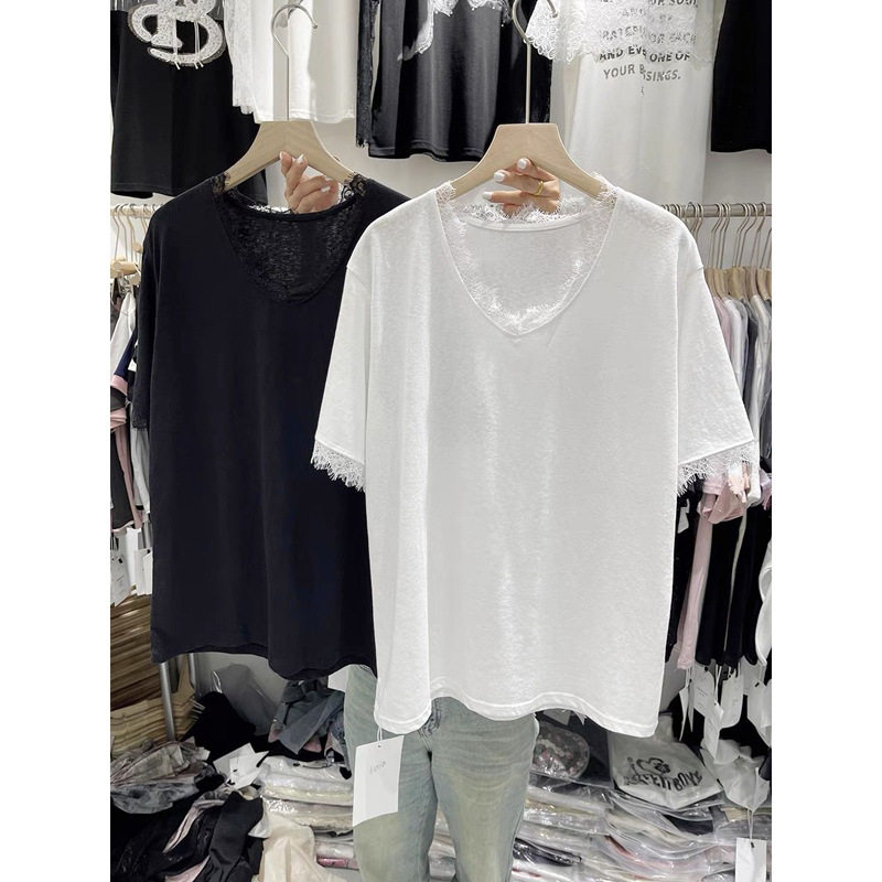 美式洋气蕾丝花边拼接短袖T恤女夏季宽松韩版打底衫内搭V领上衣