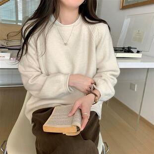 秋冬韩版卷边针织毛衣女软糯宽松保暖毛衣内搭上衣慵懒风打底衫