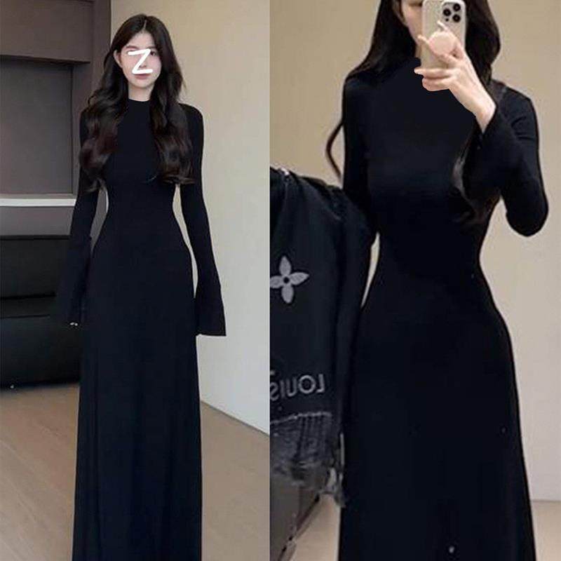 黑色高领针织连衣裙女早秋冬季大衣内搭长款包臀长裙子老钱风穿搭