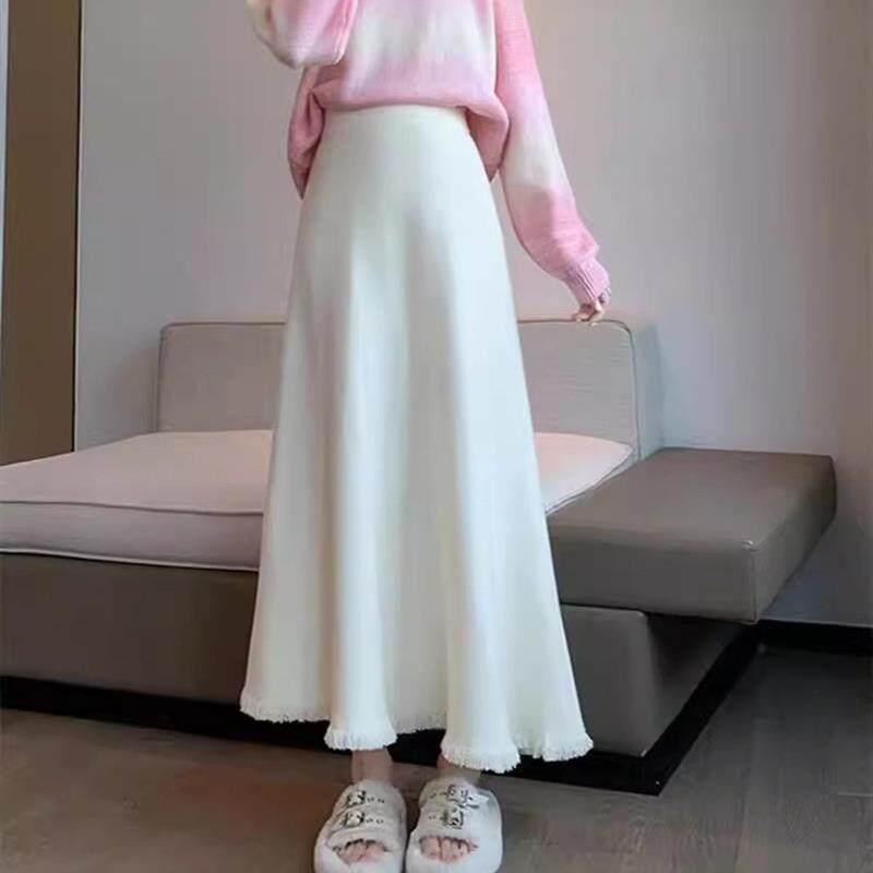 流苏毛线针织半身裙女2025秋冬新款高腰垂感a字裙大摆中长款伞裙