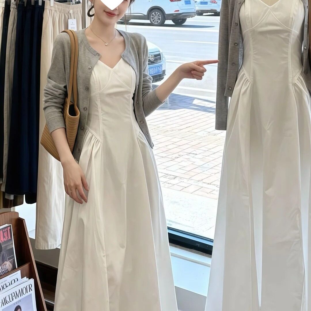 春季穿搭气质温柔风收腰长款吊带连衣裙叠穿长袖针织开衫女两件套