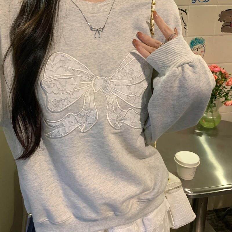 蝴蝶结韩版薄款圆领卫衣女春秋季2025新款慵懒风宽松长袖上衣