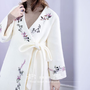 闭店清仓绣花呢子外套大衣通勤加厚加绒保暖中长款交领系带白色冬
