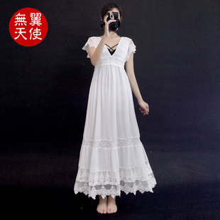 闭店清仓蕾丝拼接雪纺v领露背公主仙女蛋糕长裙度假海边连衣裙