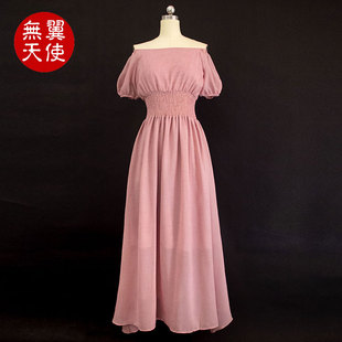 闭店清仓夏复古文艺一字肩娃娃领泡泡袖松紧收腰中长裙森女连衣裙