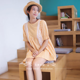 减龄软妹蕾丝长t恤上衣 可爱格子娃娃装 闭店清仓夏款 宽松棉质短袖